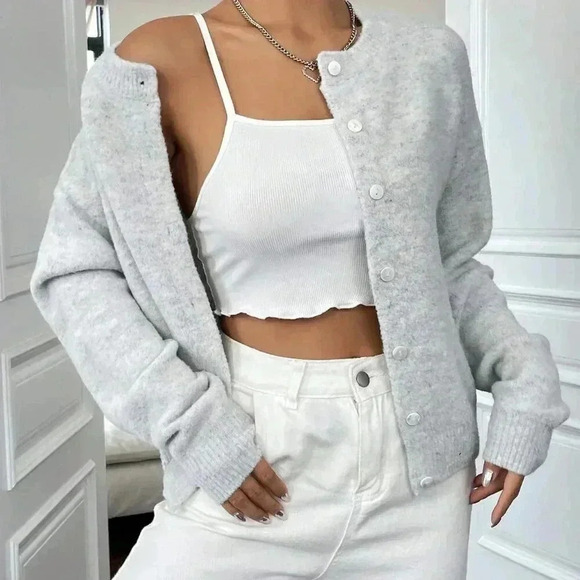 Grey Casual Women's Drop Shoulder Button Front Cardigan - Picture 4 of 7